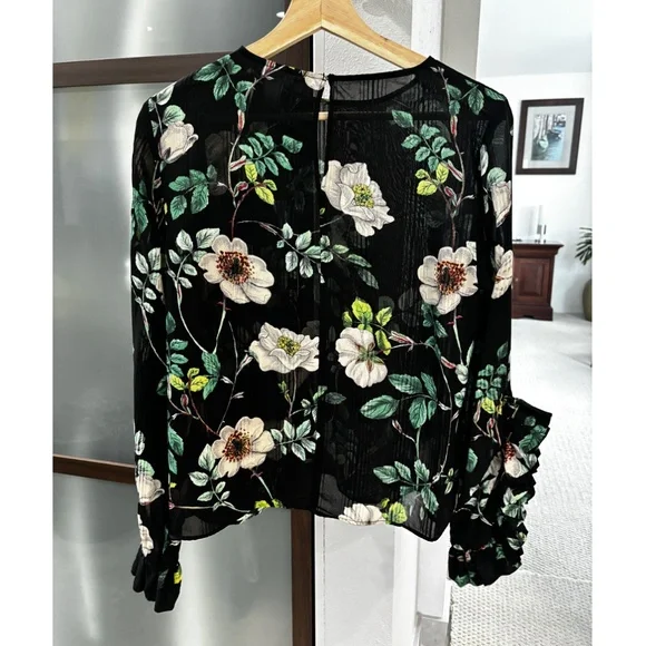 H&M Ruffle Sleeve Floral Blouse - Black & Green Size 6 - Picture 4 of 10